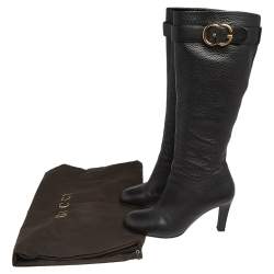 Gucci Black Leather GG Buckle Knee Length Boots Size 37.5
