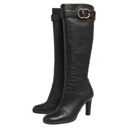 Pre Owned Gucci Black Leather GG Buckle Knee Length Boots Size 37.5