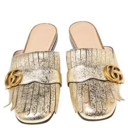 Pre Owned حذاء سلايد غوتشي مارمونت كيلتي جي جي بشراشيب جلد ذهبي ميتاليك مجعد