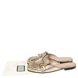 Pre Owned حذاء سلايد غوتشي مارمونت كيلتي جي جي بشراشيب جلد ذهبي ميتاليك مجعد
