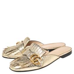 Pre Owned حذاء سلايد غوتشي مارمونت كيلتي جي جي بشراشيب جلد ذهبي ميتاليك مجعد