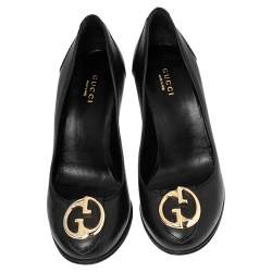 Pre Owned Gucci Black Leather GG Interlocking Pumps Size 36