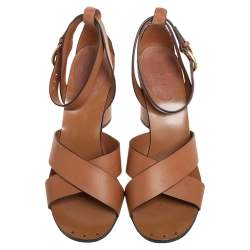 Pre Owned صندل غوتشي سير كاحل متعاكس سويدي وجلد بني فاتح مقاس 39