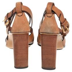 Pre Owned صندل غوتشي سير كاحل متعاكس سويدي وجلد بني فاتح مقاس 39
