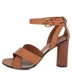 Pre Owned صندل غوتشي سير كاحل متعاكس سويدي وجلد بني فاتح مقاس 39