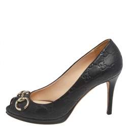 مملوكة مسبقًا حذاء كعب عالي غوتشي مقدمة مفتوحة هورسبيت نيو هوليوود جلد غوتشيسيما أسود مقاس 37.5 