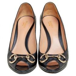 مملوكة مسبقًا حذاء كعب عالي غوتشي مقدمة مفتوحة  هورسبيت نيو هوليوود جلد غوتشيسيما أسود مقاس 37.5 