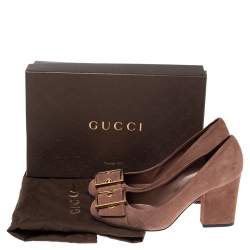 مملوكة مسبقًا حذاء كعب عالي غوتشي كعب عريض تفاصيل إبزيم سويدي بني مقاس 38.5