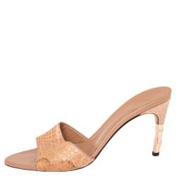 مملوكة مسبقًا Gucci Beige Croc Embossed Leather Horsebit Metal Heel Slide Sandals Size 37.5