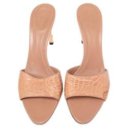 مملوكة مسبقًا Gucci Beige Croc Embossed Leather Horsebit Metal Heel Slide Sandals Size 37.5