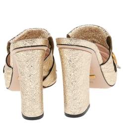 Pre Owned Gucci Gold Crackle Leather GG Marmont Fringed Slide Sandals Size 39