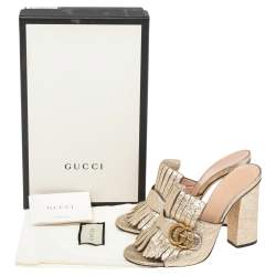 Pre Owned Gucci Gold Crackle Leather GG Marmont Fringed Slide Sandals Size 39