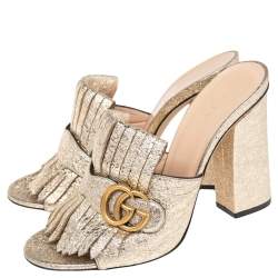 Pre Owned Gucci Gold Crackle Leather GG Marmont Fringed Slide Sandals Size 39