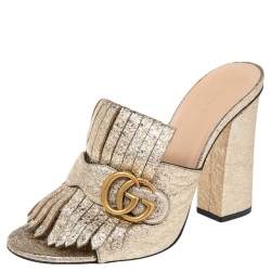 Pre Owned Gucci Gold Crackle Leather GG Marmont Fringed Slide Sandals Size 39