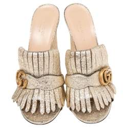 Pre Owned Gucci Gold Crackle Leather GG Marmont Fringed Slide Sandals Size 39