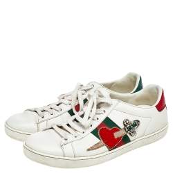 Gucci White Leather Ace Appliqué Embellished Low Top Sneakers Size 38