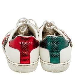 Gucci White Leather Ace Appliqué Embellished Low Top Sneakers Size 38