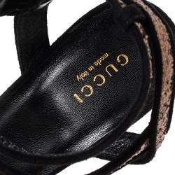 Pre Owned Gucci Black/Gold Glitter and Suede Ankle Strap Sandals Size 38