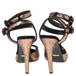 Pre Owned Gucci Black/Gold Glitter and Suede Ankle Strap Sandals Size 38