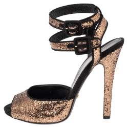 Pre Owned Gucci Black/Gold Glitter and Suede Ankle Strap Sandals Size 38