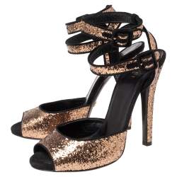Pre Owned Gucci Black/Gold Glitter and Suede Ankle Strap Sandals Size 38