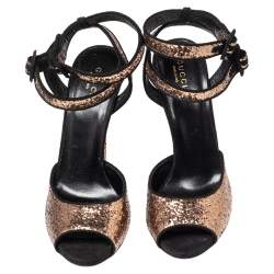 Pre Owned Gucci Black/Gold Glitter and Suede Ankle Strap Sandals Size 38