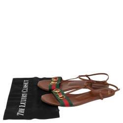 مملوكة مسبقًا Gucci Brown Leather Web Detail Liliana Horsebit Flat Sandals Size 39