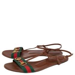 مملوكة مسبقًا Gucci Brown Leather Web Detail Liliana Horsebit Flat Sandals Size 39