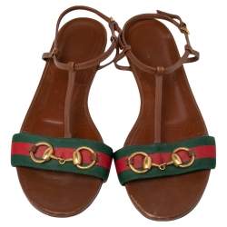 مملوكة مسبقًا Gucci Brown Leather Web Detail Liliana Horsebit Flat Sandals Size 39