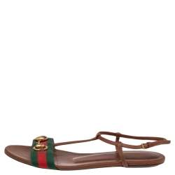 مملوكة مسبقًا Gucci Brown Leather Web Detail Liliana Horsebit Flat Sandals Size 39