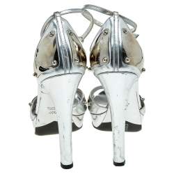Pre Owned Gucci  Metallic Silver Leather Platform Sandals Size 40