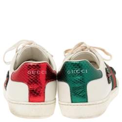 مملوكة مسبقًا Gucci White Leather Crystal Embellished Arrow Ace Low Top Sneakers Size 40.5