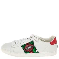 مملوكة مسبقًا Gucci White Leather Sequins And Crystal Lips Ace Low Top Sneakers Size 41