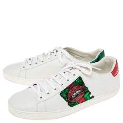 مملوكة مسبقًا Gucci White Leather Sequins And Crystal Lips Ace Low Top Sneakers Size 41