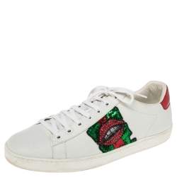 مملوكة مسبقًا Gucci White Leather Sequins And Crystal Lips Ace Low Top Sneakers Size 41