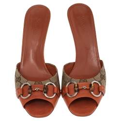 مملوكة مسبقًا Gucci Orange/Beige GG Canvas and Leather Bamboo Horsebit Slide Sandals Size 40