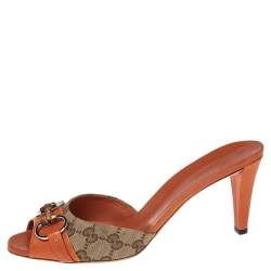 مملوكة مسبقًا Gucci Orange/Beige GG Canvas and Leather Bamboo Horsebit Slide Sandals Size 40