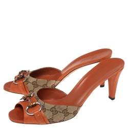 مملوكة مسبقًا Gucci Orange/Beige GG Canvas and Leather Bamboo Horsebit Slide Sandals Size 40