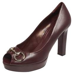 Pre Owned Gucci Brown Leather Horsebit Peep Toe Platform Pumps Size 38