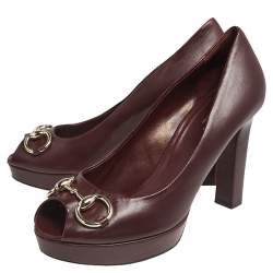 Pre Owned Gucci Brown Leather Horsebit Peep Toe Platform Pumps Size 38