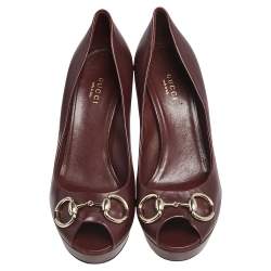 Pre Owned Gucci Brown Leather Horsebit Peep Toe Platform Pumps Size 38