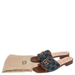 Pre Owned صندل سلايد غوتشي جلد ودينم أزرق بشعار G مزدوج مقاس 37