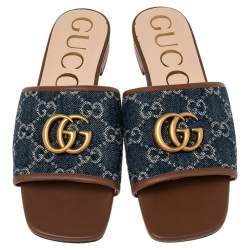 Pre Owned صندل سلايد غوتشي جلد ودينم أزرق بشعار G مزدوج مقاس 37