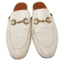 Pre Owned Gucci Cream Leather Princetown Horsebit Flat Mules Size 36