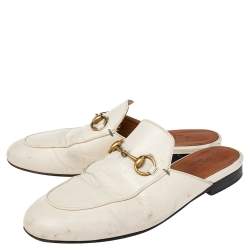 Pre Owned Gucci Cream Leather Princetown Horsebit Flat Mules Size 36