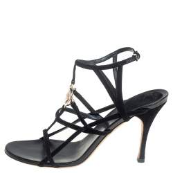 Pre Owned Gucci Black Suede Interlocking G Strappy Sandals Size 39.5