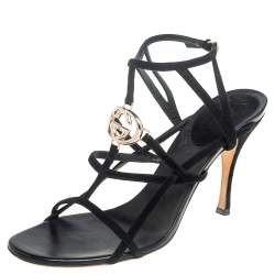 Pre Owned Gucci Black Suede Interlocking G Strappy Sandals Size 39.5