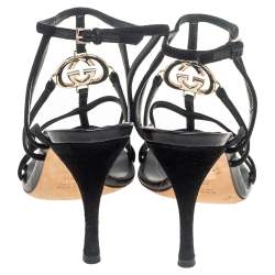 Pre Owned Gucci Black Suede Interlocking G Strappy Sandals Size 39.5