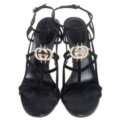 Pre Owned Gucci Black Suede Interlocking G Strappy Sandals Size 39.5