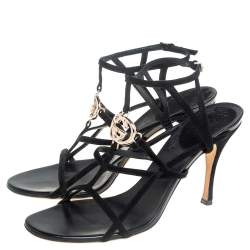 Pre Owned Gucci Black Suede Interlocking G Strappy Sandals Size 39.5
